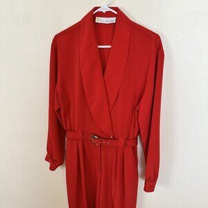 Vintage Claus Red Womens One Piece Outfit Button Long Sleeve 80s USA Belted